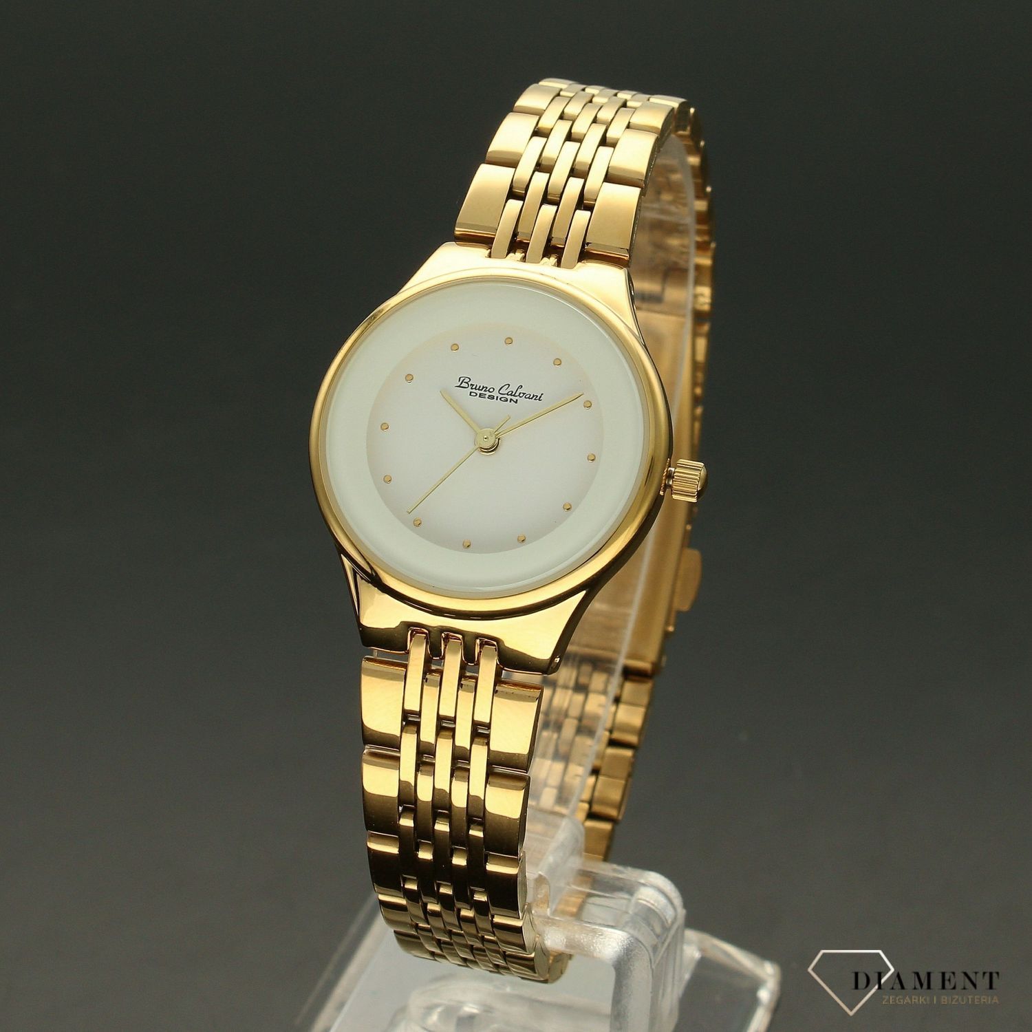 Zegarek damski BRUNO CALVANI złoty BC90293 GOLD. Złoty zegarek damski. Złoty zegarek z wyraźną białą tarczą. Złoty zegarek jako dodatek pasujączacji. Świetny pomysł na prezent dla eleganckiej kobiety (2).jpg